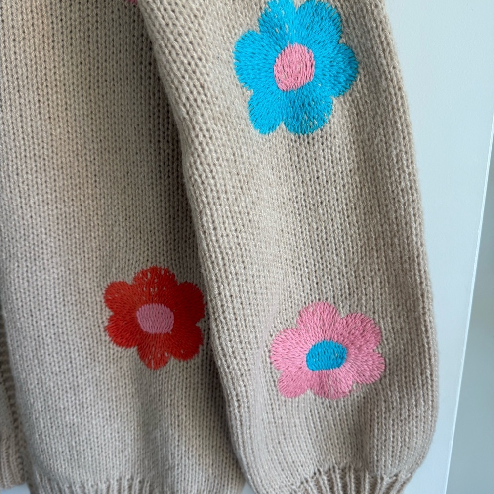 BiBi Groovy Flower Power Chunky Sweater Beige Kidcore Cardigan Hippie Boho - Picture 3 of 13